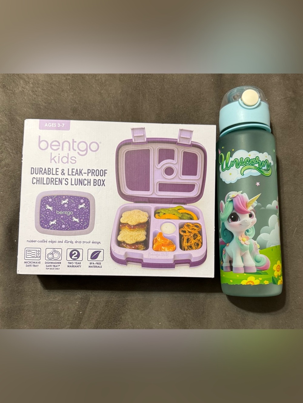 Bentgo Kids Purple Unicorn Lunch Box and Unicorn Water bottle